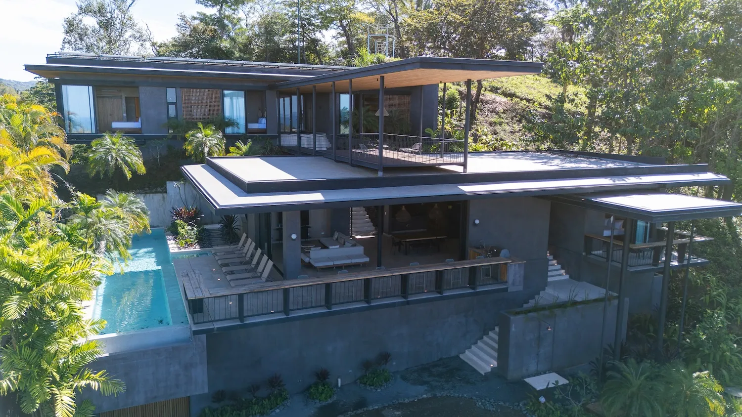 Stella Maris villa aerial view in the green hills of Huacas, Nosara