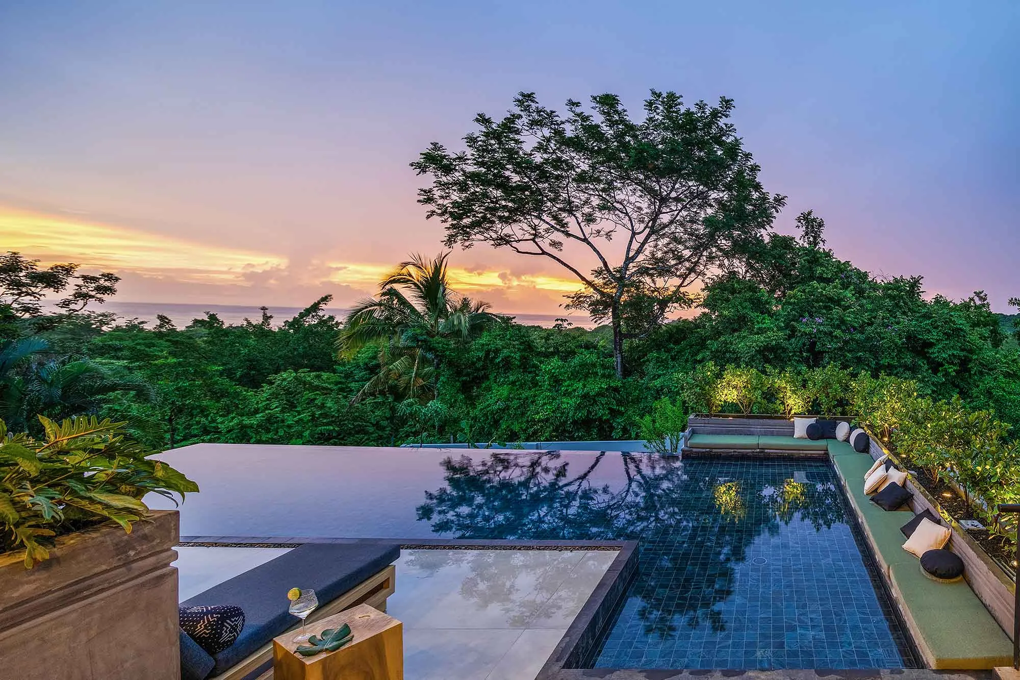 Raintree Casa sunset view from second-story saltwater infinity pool, Nosara, Costa Rica