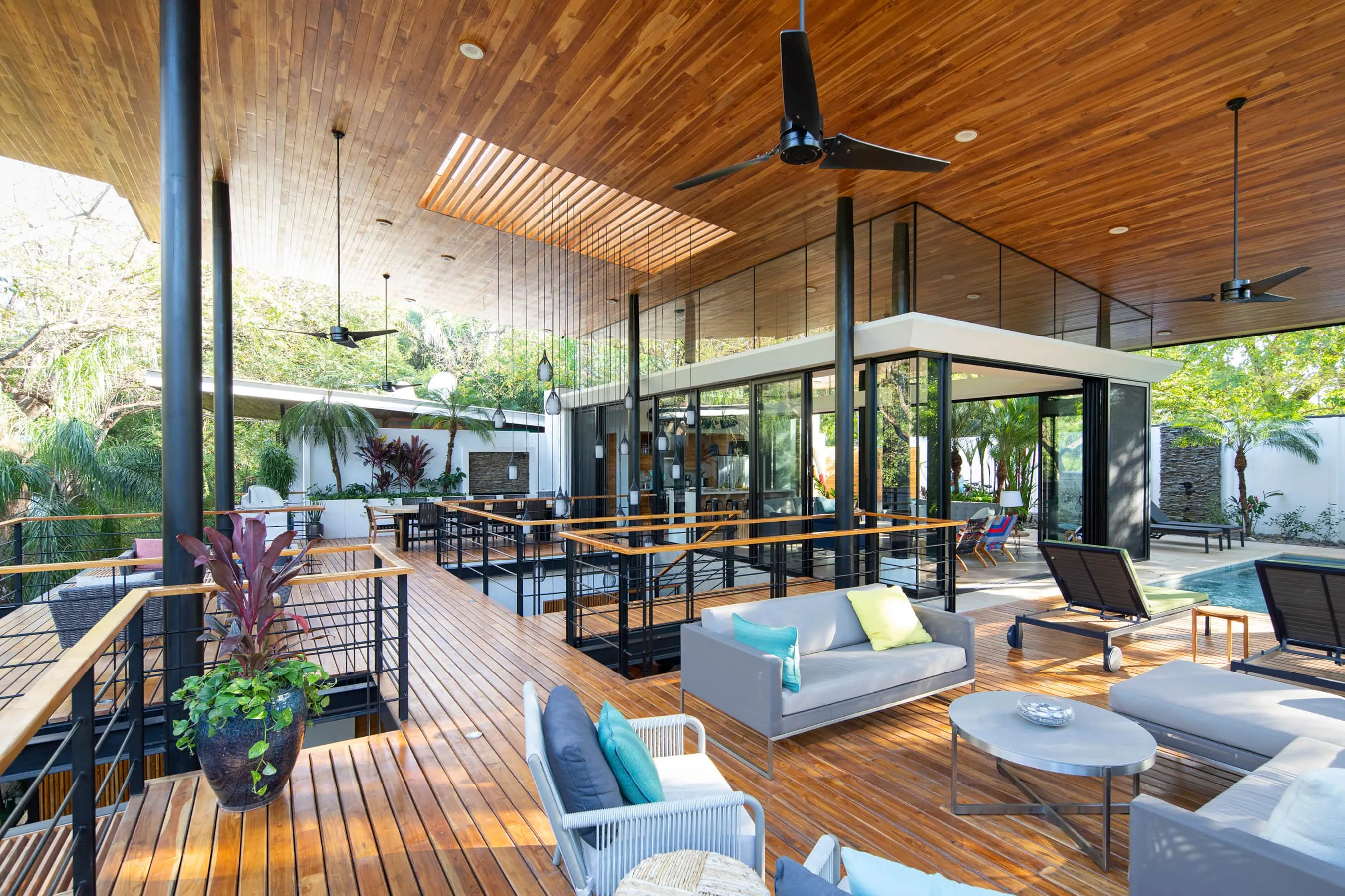 Terrace House villa wood-ceilinged upper terrace floating among jungle canopy, South Playa Guiones, Nosara, Costa Rica