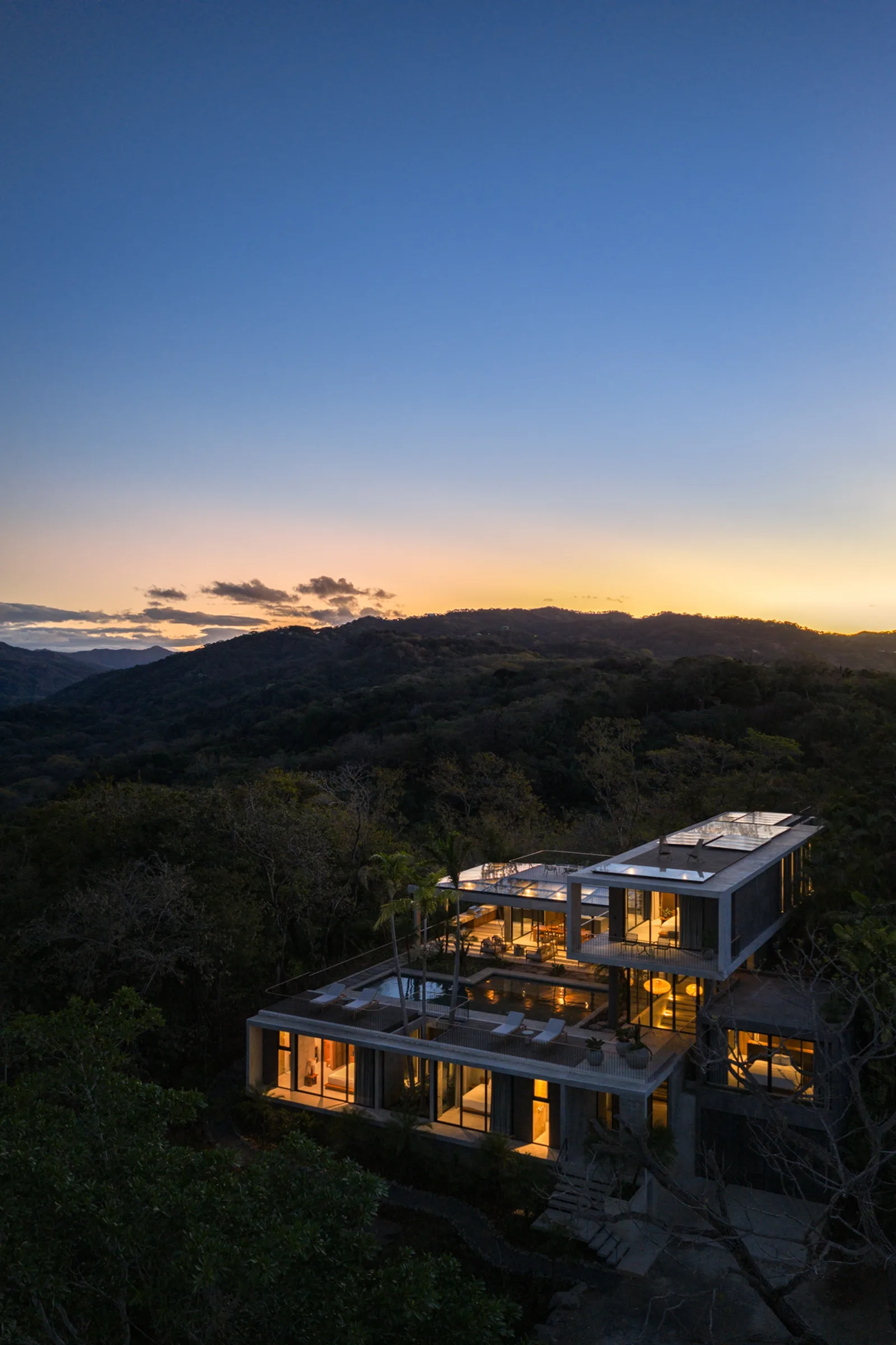 Villa Aravis aerial sunset view in Las Huacas hills, Nosara, Costa Rica