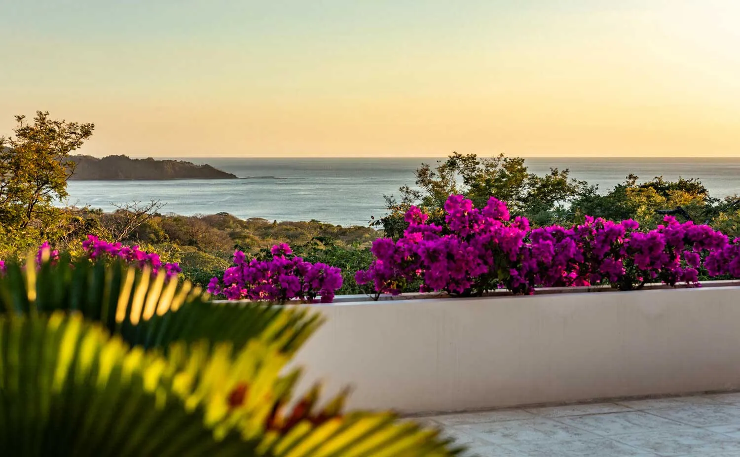 Calla Lily villa sunset ocean view with bougainvillea, Las Huacas hills, Nosara, Costa Rica